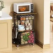 Eyteenokk Microwave Kitchen Storage Cart with Drawers,Multifunctional Small Space Storage Cart with Hooks Swivel Wheels，Microwave Stand Kitchen Island Cart-（Black+Vintage 20.8 * 15.7 * 32.6inch
