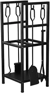 5in1 Firewood Storage Rack,5pcs Fire Place Tool Kit Wrought Iron Firewood Log Storage Holder Firepit Tools Set for Fireplace, Fire Pit, Stove w/Hook, Broom, Shovel, Tongs - Black