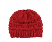 Ponytail Beanie Winter Stretch Cable Knit Hat - Red