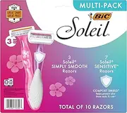 BIC Soleil Simply Smooth Women's Disposable Razors; 3 Blades With Moisture Strip For a Silky Smooth Shave; 10-Count