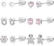 [Sanfenly] 6Pairs Stud Earrings For Girls Women 316L Stainless Steel Hypoallergenic CZ Heart Screw Back Earring Studs Set Silver Gold Pink Cute Flower Stud Earrings Jewellery For Children Kids