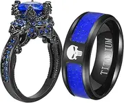 [Ringcrown] Couple Rings Matching Ring Skull Rings Blue CZ Womens Wedding Ring Sets for Him and Her Wedding Bands