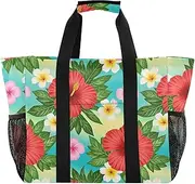 [sanluoli] Large Tote Bag Collapsable Beach Totes Bags With Pockets Canvas Cars Tote Bag, Summer Plumeria Hibiscus Flower, 1 size