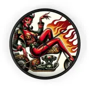 Home Decor Wall Clock Devilish Pin-Up Retro Tattoo Style Biker Motorcycle Garage