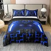 Erosebridal 100% Cotton Gaming Full Comforter Cover for Boys,Royal Blue Gamer Bed Set for Boys,Kids Neon Lights Gamepad Duvet Cover,Ombre Gradient Glowing Checkered Bedspread Cover Plaid Grid Decor