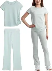 [Reebok] Girls' Flare Leggings Set - 2 Piece Performance Waffle Knit Cinched T-Shirt and Wide Leg Yoga Pants (7-12)