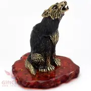 Russian Solid Brass Amber Figurine Wolf howling at Moon Totem talisman IronWork