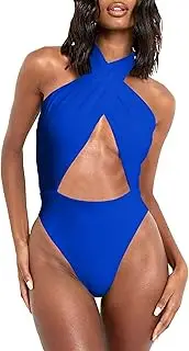 [HYPERFIRE] Women's Sexy Halter Criss Cross Swimsuit Cut Out One Piece Bathing Suit High Cut Swimwear
