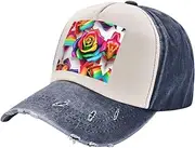 [YANYU] Rainbow Rose Flower Print Fashion Washed Distressed Baseball Cap Vintage Adjustable Hat with Classic Brim, Navy Blue, One Size