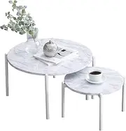 Hagihara LT-4666MWH Low Table Nesting Table Table Round Desk [Marble-style Top x Steel Legs] Chic Modern Living Room Sofa Table Large and Small 2-piece Set White Large 64MWH Width: 25.2 inches (64 cm)