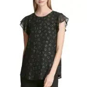 DKNY NEW Women's Black Printed Flutter-sleeve Blouse Shirt Top XS TEDO
