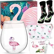 Nuenen 6 Pcs Flamingo Present Set for Women - Stemless Gin Cocktail Glass, Makeup Bag, Socks, Keychain, Greeting Card With Gift Box for Girls