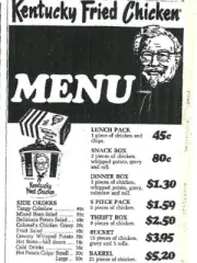 KFC KENTUCKY FRIED CHICKEN VINTAGE OLD MENU PRICE PHOTO, BARGAIN ,1,chips drinks
