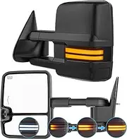 Switchback Signal Tow Mirrors Compatible with Silverado/Sierra 1500 2500 3500 HD(2007-2013), SEQ&Backup Light Heated Extended Trailer Towing Side Mirror, Smoked Lens Black Housing