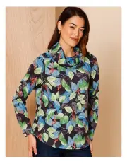 [Regatta] Recycled Polyester Blend Long Sleeve Soft Touch Tee With Cowl Neck In Blue/green Leaf Print