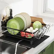 Romision Dish Drying Rack with Drainboard Set, Stainless Steel Dish Drainers for Kitchen Counter, Dish Strainer with Utensil Holder, 360° Swivel Spout and Extra Dryer Mat, Black