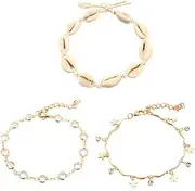 [Tummy Tub] Bracelets,Bracelet Jewellery,Anklet String Charm,Pride Bracelet Wild National Shell 3 Wind Anklet Sequins Jewelry Pieces Metal Stars Beach Anklet Crystal Bracelet (Color : Gold)