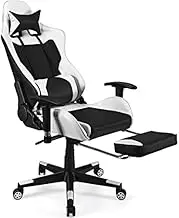 Gaming Chair, Racing Style Video Game Chair w/Massager Lumbar, Retractable Footrest, Adjustable Height & Ergonomic High Backrest, Home Office Leather Recliner Rolling Chair (White)