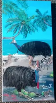 Acrylic Painting On canvas "Cassowaries on Australian Beach"