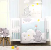 Disney Dumbo Elephant 3 Pc Baby Cot Quilt Set Bed Sheet Valance Pastel Blue Grey