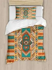 Tribal Duvet Cover Set, Secret Tribe Pattern in Twin Apricot Orange and Teal