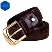 GENUINE LEATHER Mens Fashion Belt Stylish Casual Dark Brown Woven Waistband