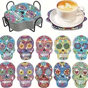 10pcs Set Vibrant 5D Skull Pattern Diamond Painting Coasters - DIY Sparkling Wooden Coasters with Black Metal Holder Ideal for Beginners Perfect Christmas Bir