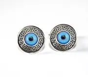 Grecian Evil Eye Greek Meander Amulet Cuff Links Round Glass Metal Cufflinks