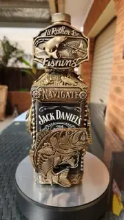 Fishing themed Mixed media art Jack Daniels decorative bottle