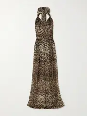 [Dolce & Gabbana] Dolce & Gabbana - Scarf-detailed Smocked Leopard-print Silk-chiffon Gown - Leopard print - IT40 IT 40 Animal print