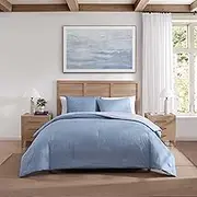 Tommy Hilfiger - Full/Queen Comforter Set, Textured Cotton Plain Weave Bedding with Matching Shams, Reversible, Medium Weight for Year-Round Use, Oeko-Tex Certified (Medium Blue)