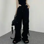 Plain Contrast Trim Cropped Zip Jacket / Lettering Bodysuit Top / Mid Waist Plain Wide Leg Cargo Pants Top - Black - M