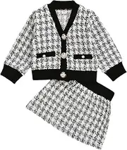 [COOLOYA] Toddler Girl's Plaid Two Piece Outfits Set V Neck Long Sleeve Cardigan & Mini Skirts