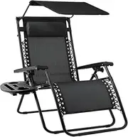MINYII Folding Zero Gravity Chairs, Portable Recliner Beach Camping Patio Outdoor Folding Lounge Chair with Adjustable Canopy Shade, Cup Holder Trays and Adjustable Pillow (1, Shiny Black, Oversized)