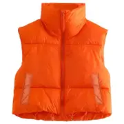 Women Stand Collar Crop Puffer Vest Lightweight Sleeveless Winter Outerwear Down Vest Padded Gilet Orange M