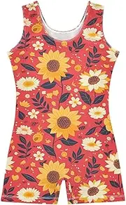 [FRODOTGV] Retro Sunflowers Red Leotards for Girls Gymnastics Cute Biketard Tumbling Outfits for Training, Yoga, Tumbling
