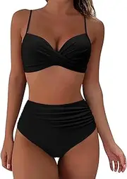 [Generic] Women's Bikini Set Tummy Control Two Piece Swimsuit Twist Front Sexy Push Up Top with Bikini Bottoms Black Swimwear High Waist Swimsuit Vintage Swimsuits Ruffled Bikini Sets for Women