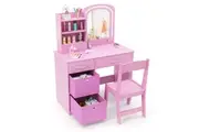 Giantex Kids Vanity Set Makeup Desk & Chair w/2 Color Lighted Mirror Pretend Play Dressing Table Pink