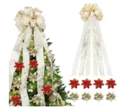 Christmas Tree Topper Bow & 8 Pcs Christmas Tree Decorations Bows, Gold Snowfla