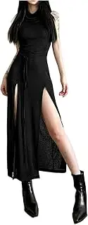 [RTY-BY] Dark Gothic Dresses with Hood Hollow Out Midi Dress Women Sexy Split Side Solid Streetwear