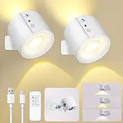 Roshin 2 Pack LED Wall Lights with USB Port - Battery Operated Wall Lights with 3 Color Temperatures & 3 Brightness - 360° Illumination Night Light for Bedroom