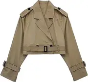 [Gihuo] Women's Cropped Trench Coat Double Breasted Lightweight Short Jackets Casual Long Sleeve Belted Crop Coat
