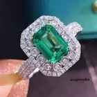 Halo Style Jewelry Ring Emerald Cut 2.95CT Real Green Emerald 14K White Gold FN