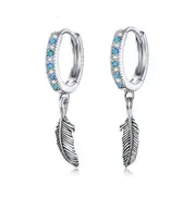SOLID Sterling Silver Hoop Bohemian Feather Turquoise Earrings - AVILIA Designs