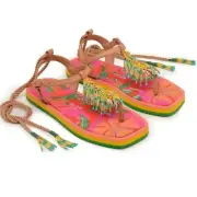 NIB Farm Rio Floral Pietra Black Banana Beaded Flat Sandal Nude 9
