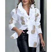 Women's Shirt Blouse Daily Letter Ruffle Print Long Sleeve Regular Tops V Neck Work White Khaki Beige Spring Fall