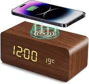 Wooden Digital Alarm Clock with Wireless Charging, 3 Alarms LED Display, Sound Control and Snooze Dual，Adjustable Brightness, Time Temperature (Brown)