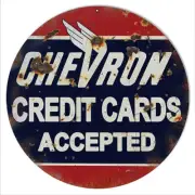CHEVRON CREDIT CARDS ACCEPTED 14" ROUND HEAVY DUTY USA METAL GAS AGED ADV SIGN