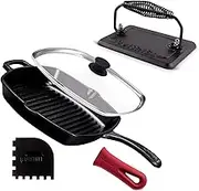 Cuisinel Cast Iron Grill Pan + Rectangular Cast Iron Grill Press + Tempered Glass Lid + Pan Scraper – Pre-Seasoned Ribbed Skillet – 10.5"-Inch Square Grillig Indoor/Outdoor Camping Fire BBQ Cookware