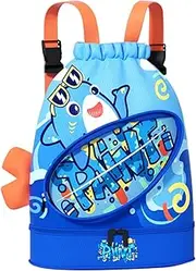 Kids Swim Bag, Wet and Dry Separation Swim Bag, Waterproof Swim Drawstring Backpack, Dry Wet Separated Gym Bag with Shoes Compartment